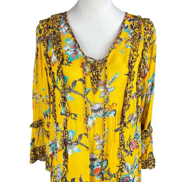 Anthropologie Marigold Yellow Bright Floral Ruffle V-neck Sheer Tunic Blouse - Picture 10 of 15